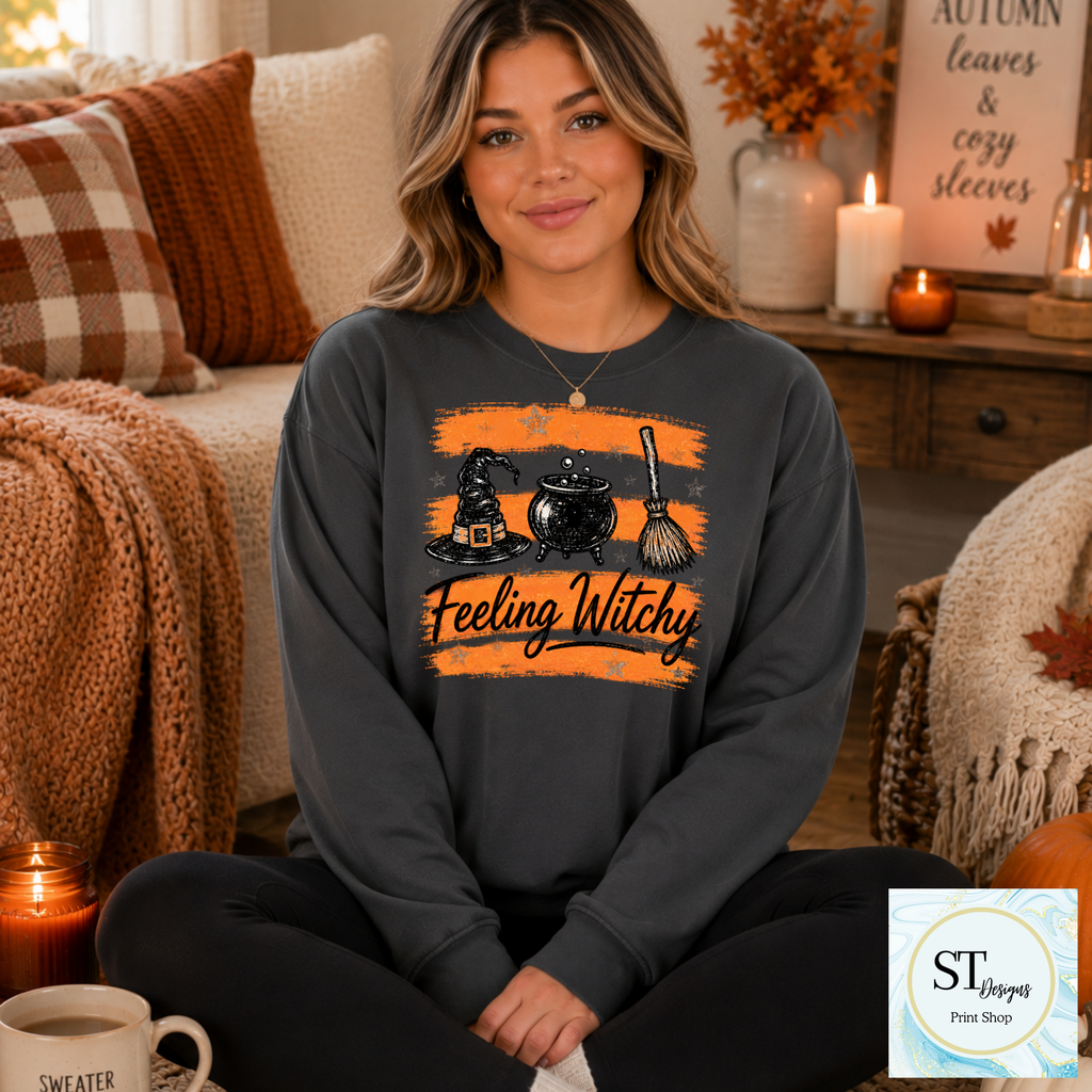 Feeling Witchy Halloween Cauldron Hat and Broom Graphic-8