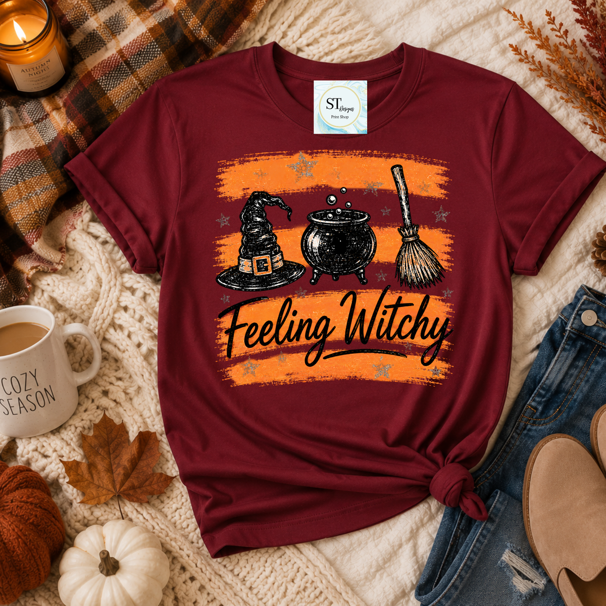 Feeling Witchy Halloween Cauldron Hat and Broom Graphic-3