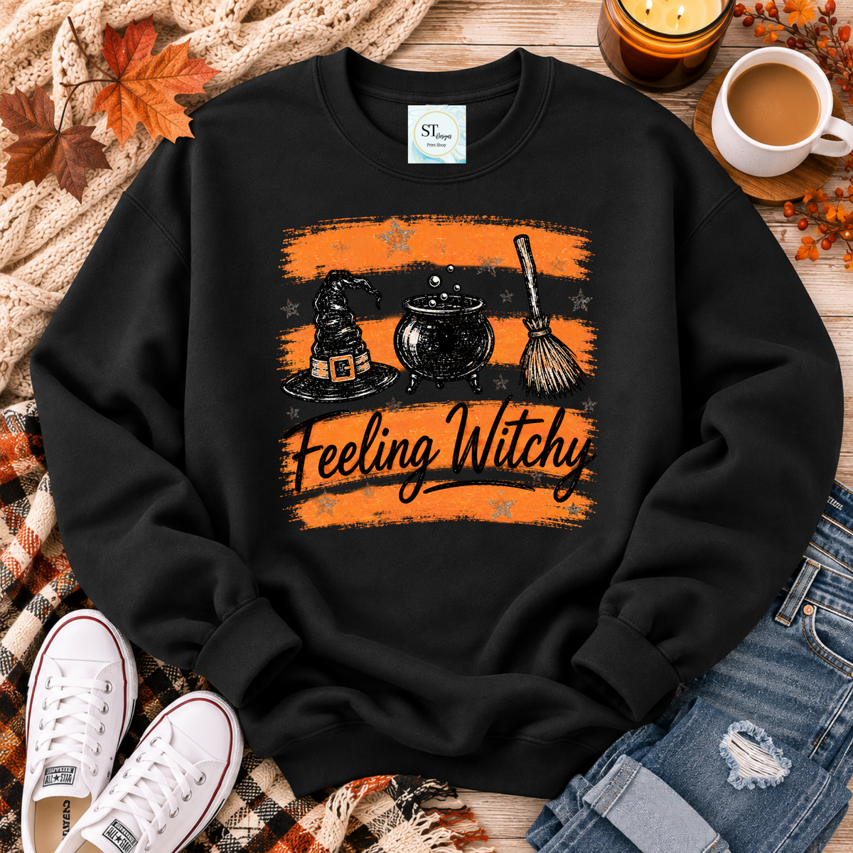 Feeling Witchy Halloween Cauldron Hat and Broom Graphic-9