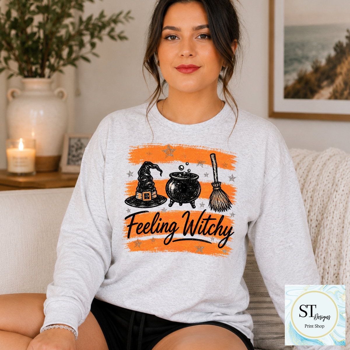 Feeling Witchy Halloween Cauldron Hat and Broom Graphic-2