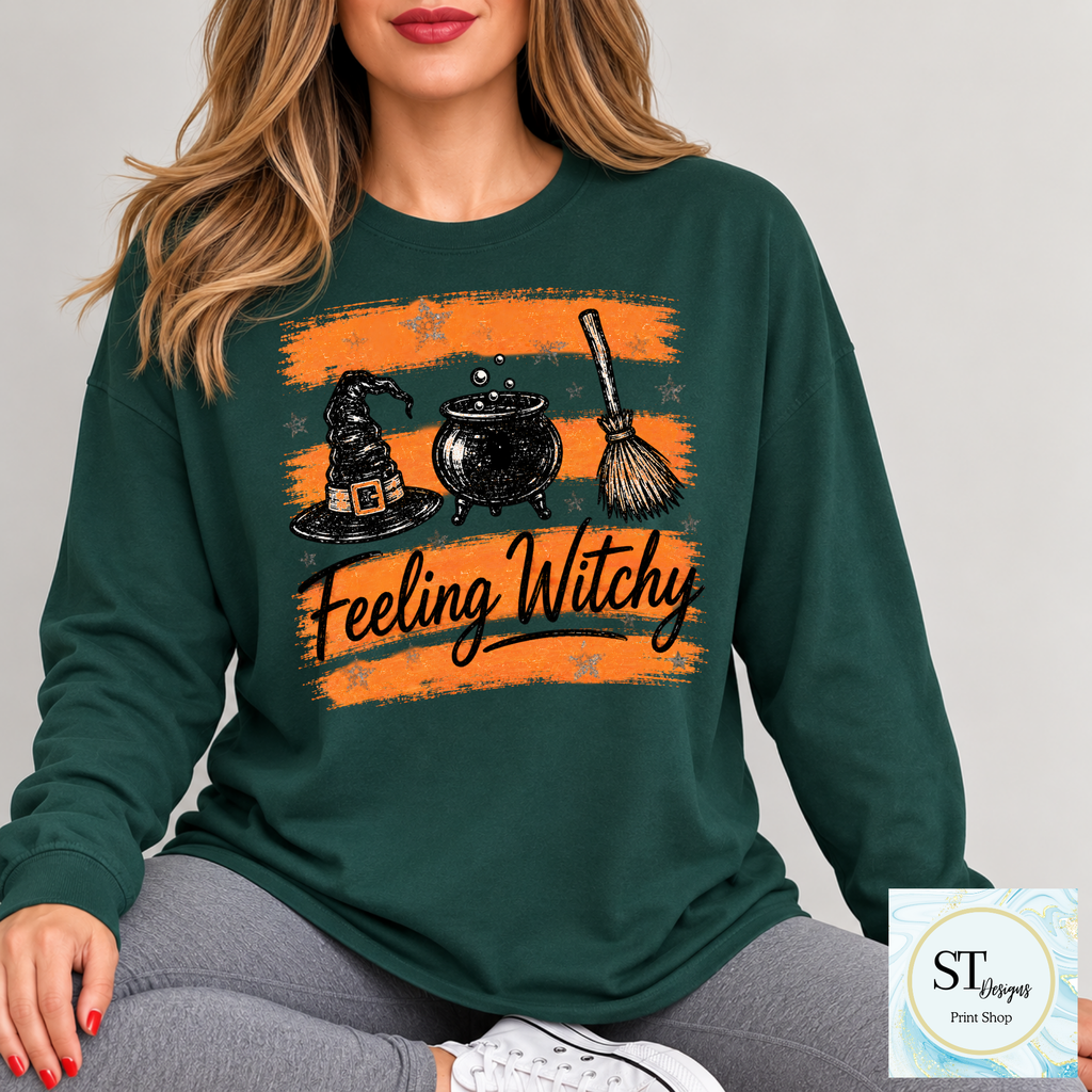 Feeling Witchy Halloween Cauldron Hat and Broom Graphic-5