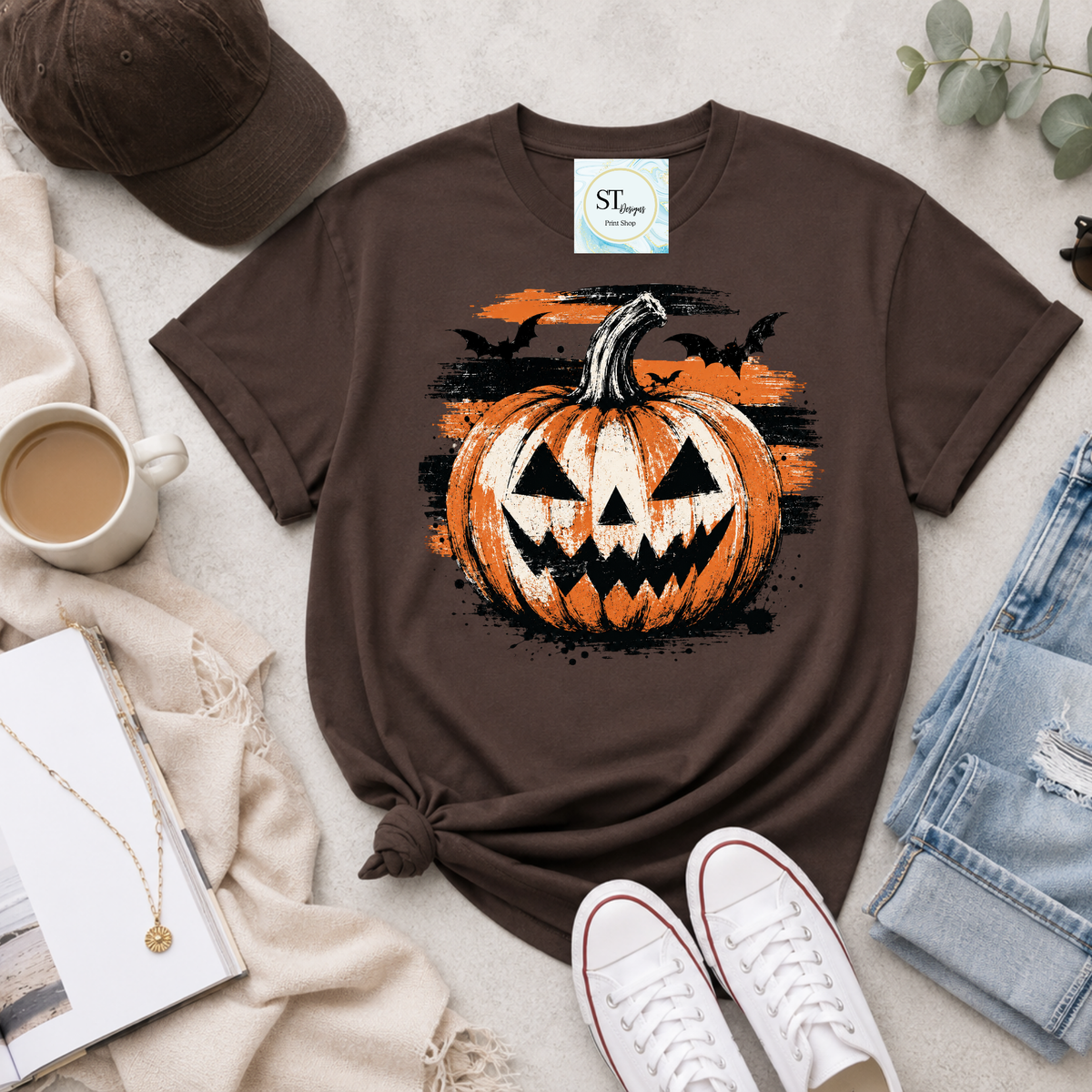 Grunge Jack-O'-Lantern and Bats Halloween Graphic-6