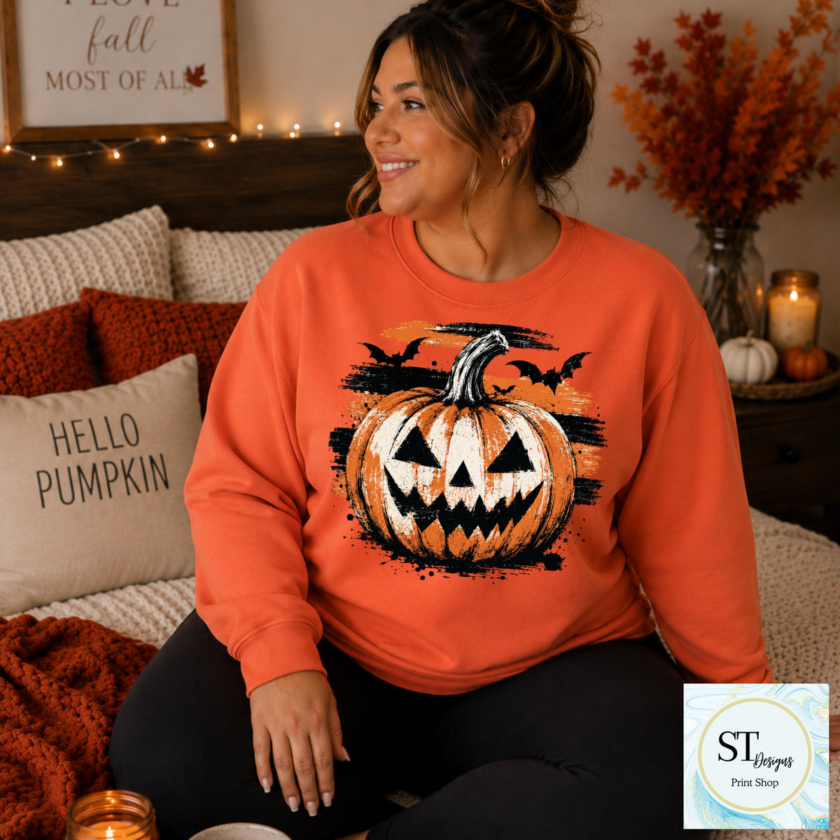 Grunge Jack-O'-Lantern and Bats Halloween Graphic-7