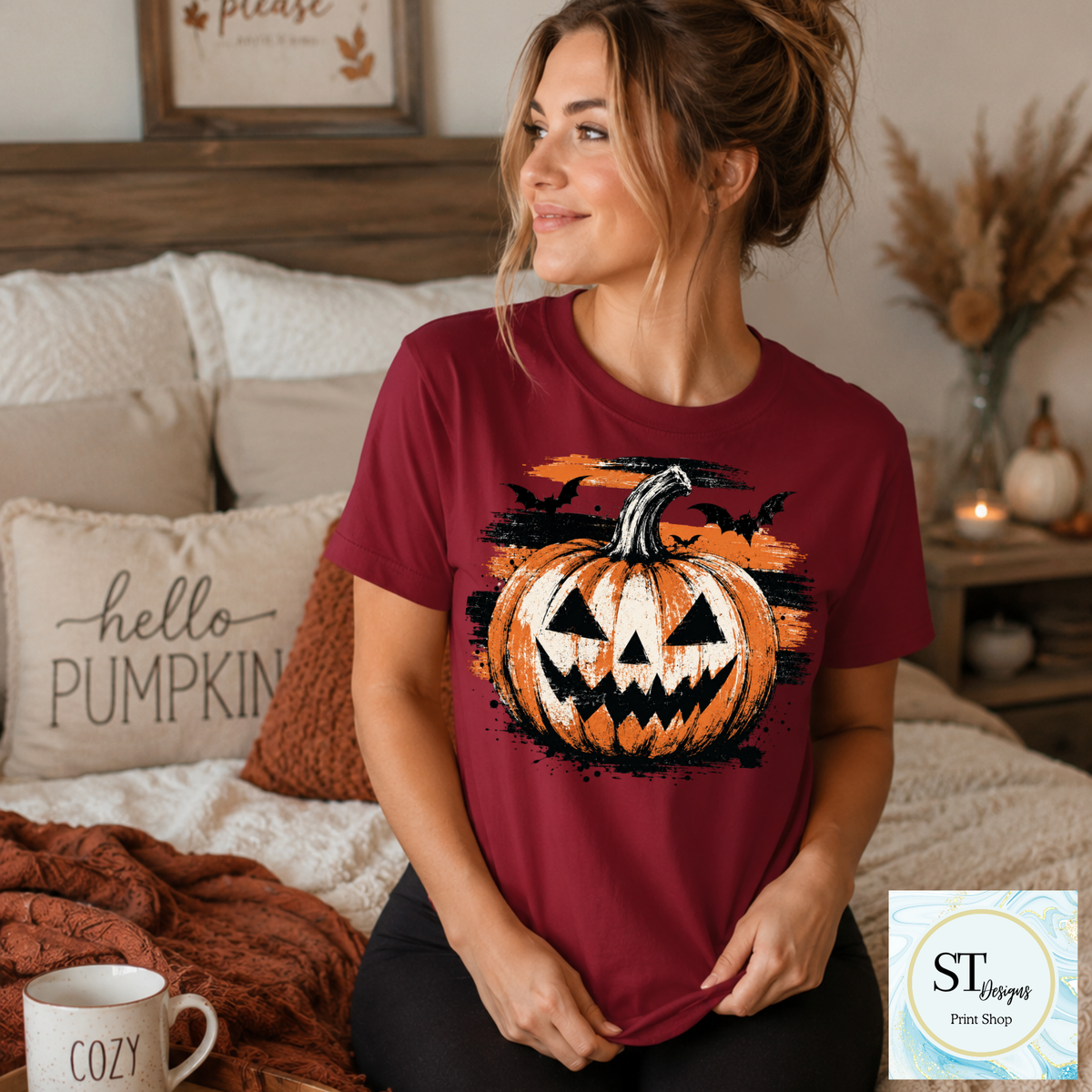 Grunge Jack-O'-Lantern and Bats Halloween Graphic-1