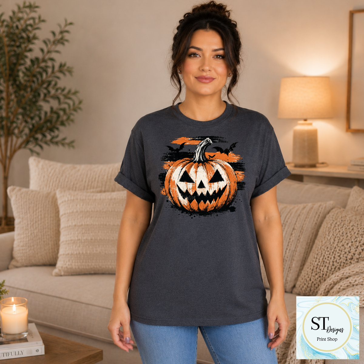 Grunge Jack-O'-Lantern and Bats Halloween Graphic-2
