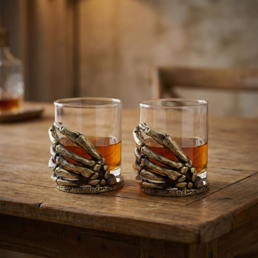 Skeleton Hand Whiskey Glasses | Set of 1 or 2 | Juice Glasses | Drinkware | Statement Barware | Halloween Glasses | Gold, Silver or Antique Finish-0