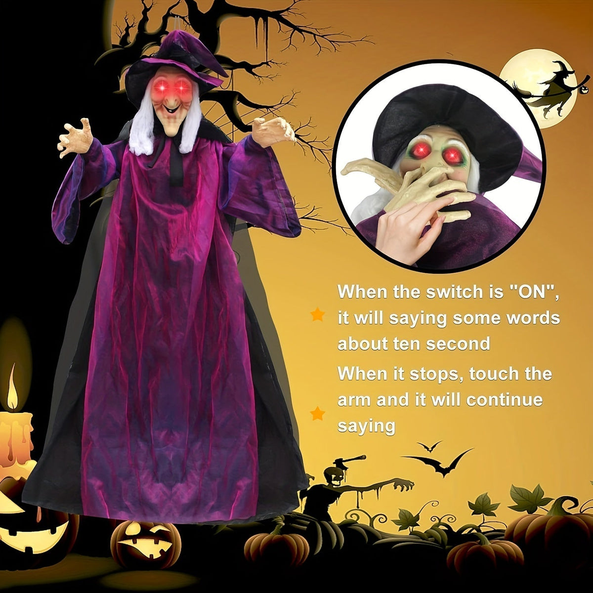 Animated Hanging Witch with Light-Up Eyes-3