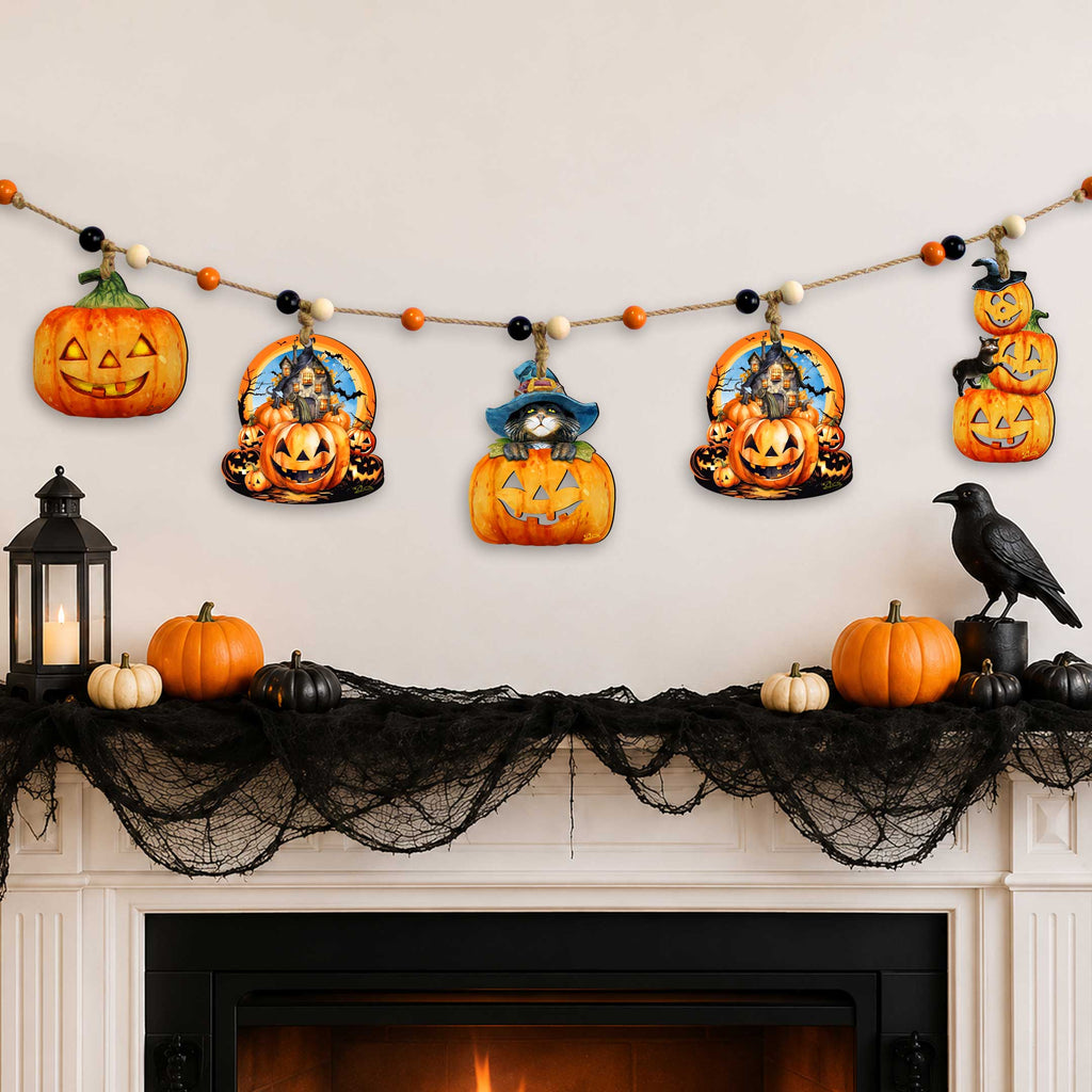 Jack-O’-Lantern Halloween Wooden Garland with 5 Hanging Pumpkin Decorations – 862109-S5-3