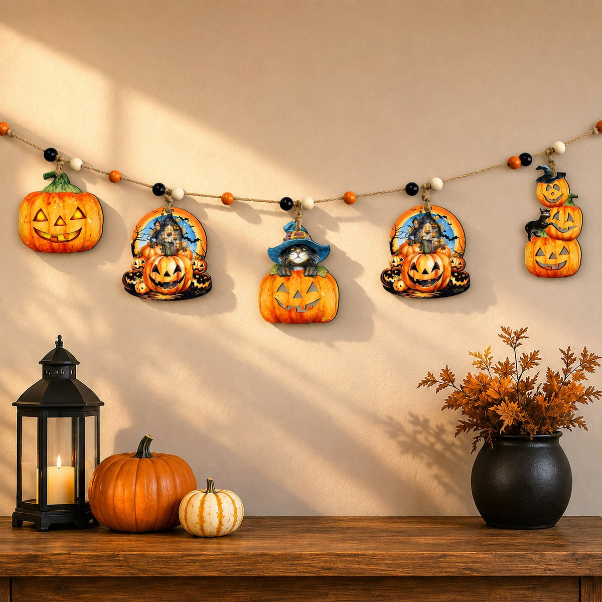 Jack-O’-Lantern Halloween Wooden Garland with 5 Hanging Pumpkin Decorations – 862109-S5-0
