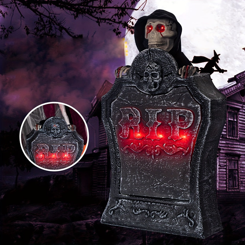 Glowing Halloween Tombstone with Red Light Skull-2