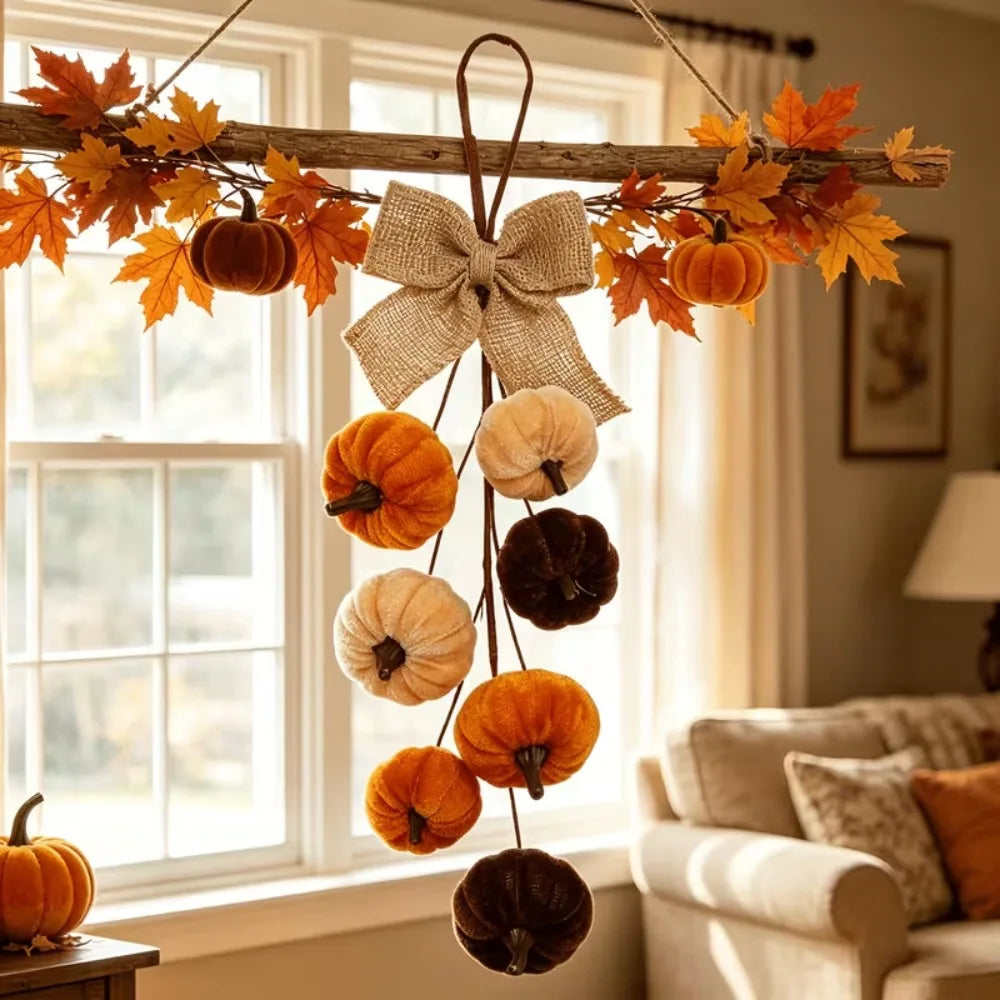 Velvet Pumpkin Hanging Ornament with Burlap Bow-1