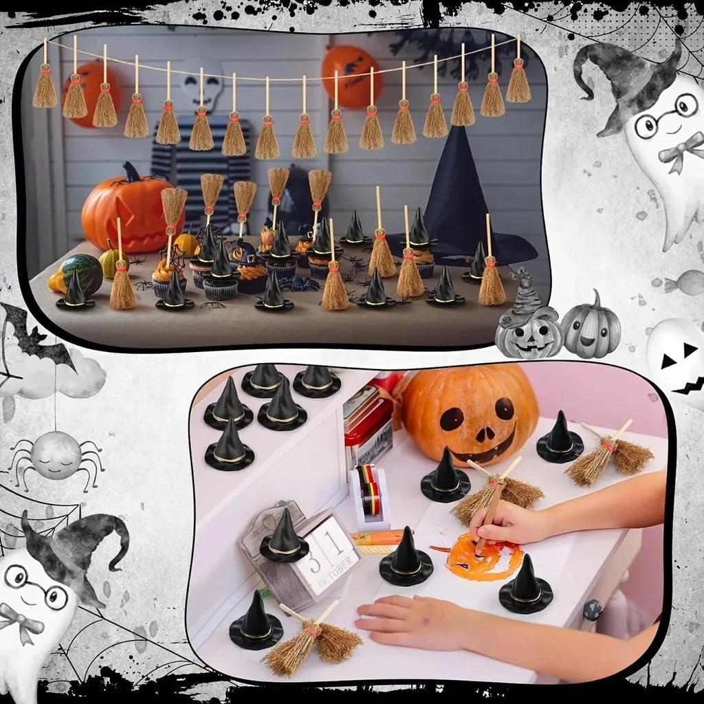 100-Piece Mini Witch Hat & Broom Set – Halloween Miniature-1