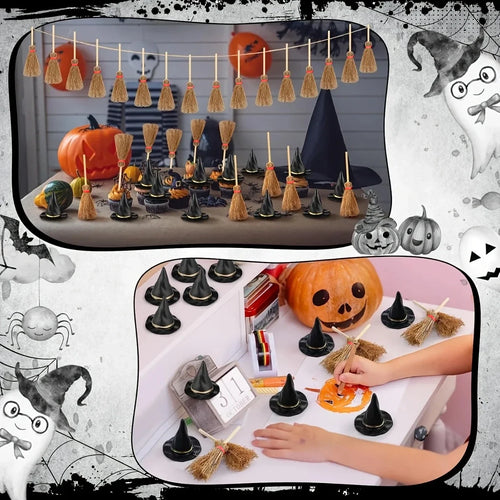 100-Piece Mini Witch Hat & Broom Set – Halloween Miniature-1