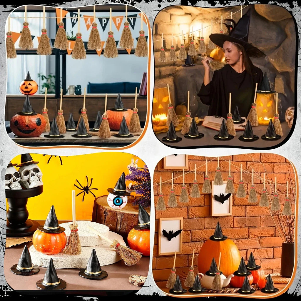 100-Piece Mini Witch Hat & Broom Set – Halloween Miniature-2