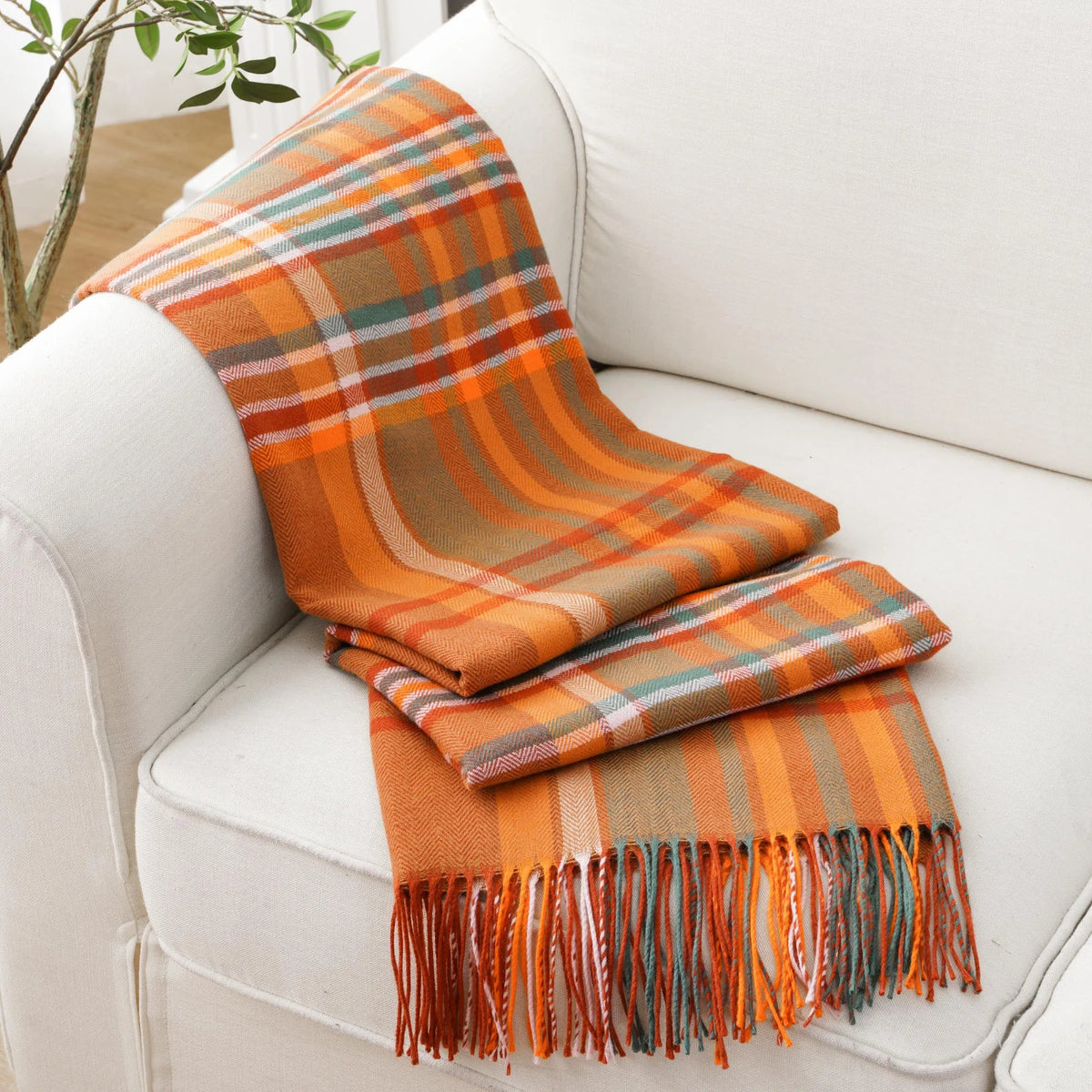 Plaid Orange à Pompons