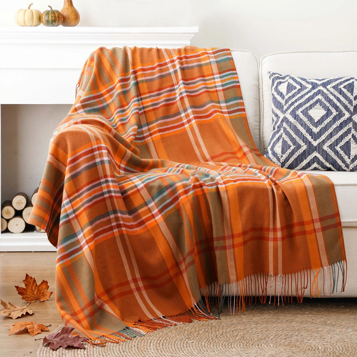Plaid Orange à Pompons