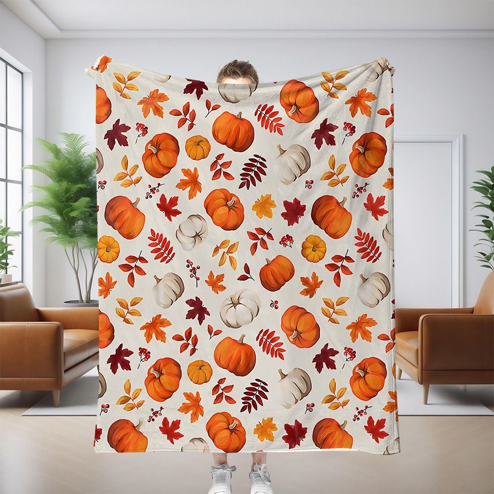 Halloween Throw Blanket Cozy Microfiber Blanket Soft Flannel Throw Festive Home Pumpkin Leaves - White - Size 180cm*200cm-0