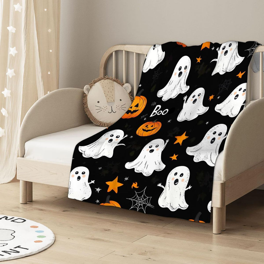Halloween Throw Blanket Cozy Microfiber Blanket Soft Flannel Throw Festive Home Pumpkin Leaves - White - Size 180cm*200cm-2