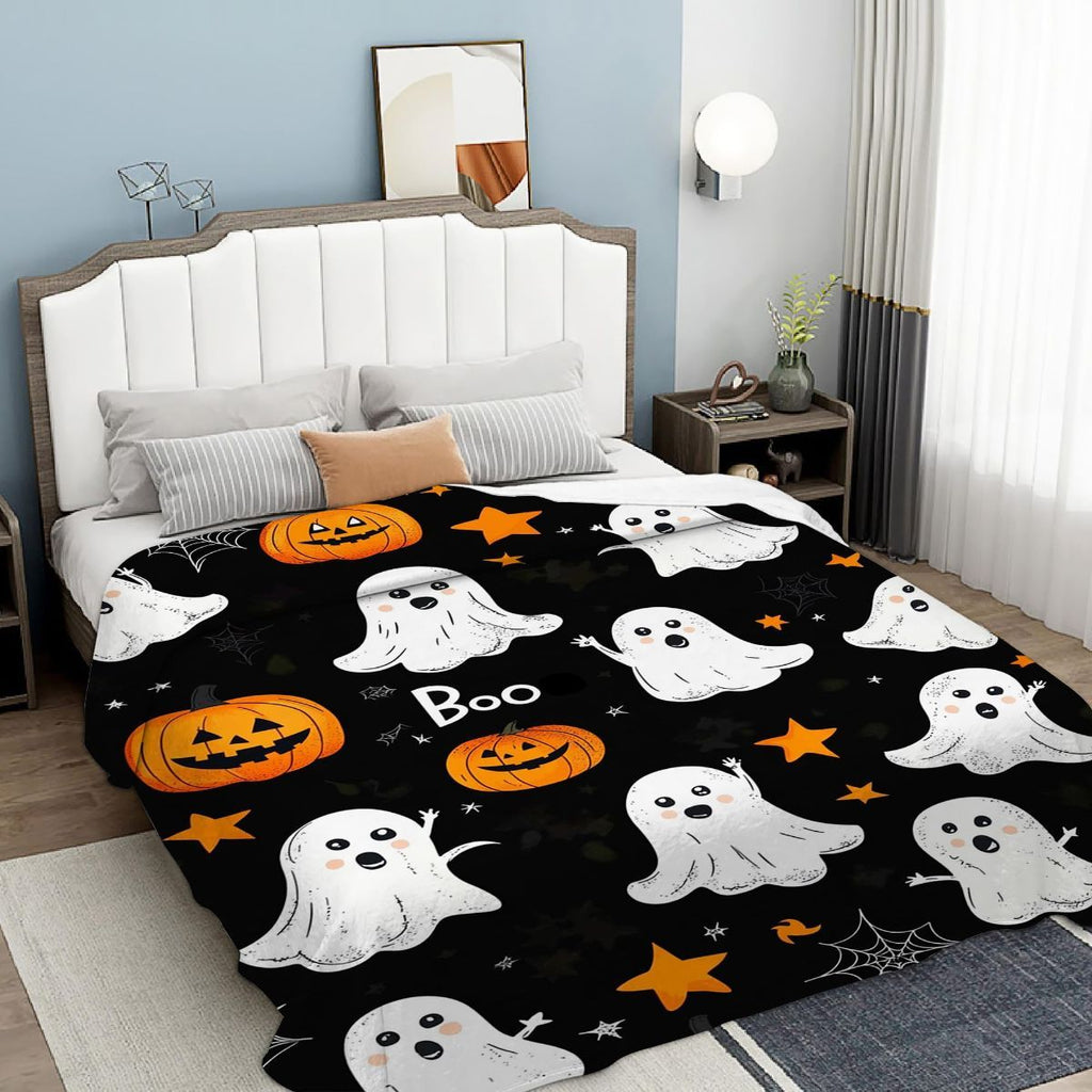 Halloween Throw Blanket Cozy Microfiber Blanket Soft Flannel Throw Festive Home Pumpkin Leaves - White - Size 180cm*200cm-3