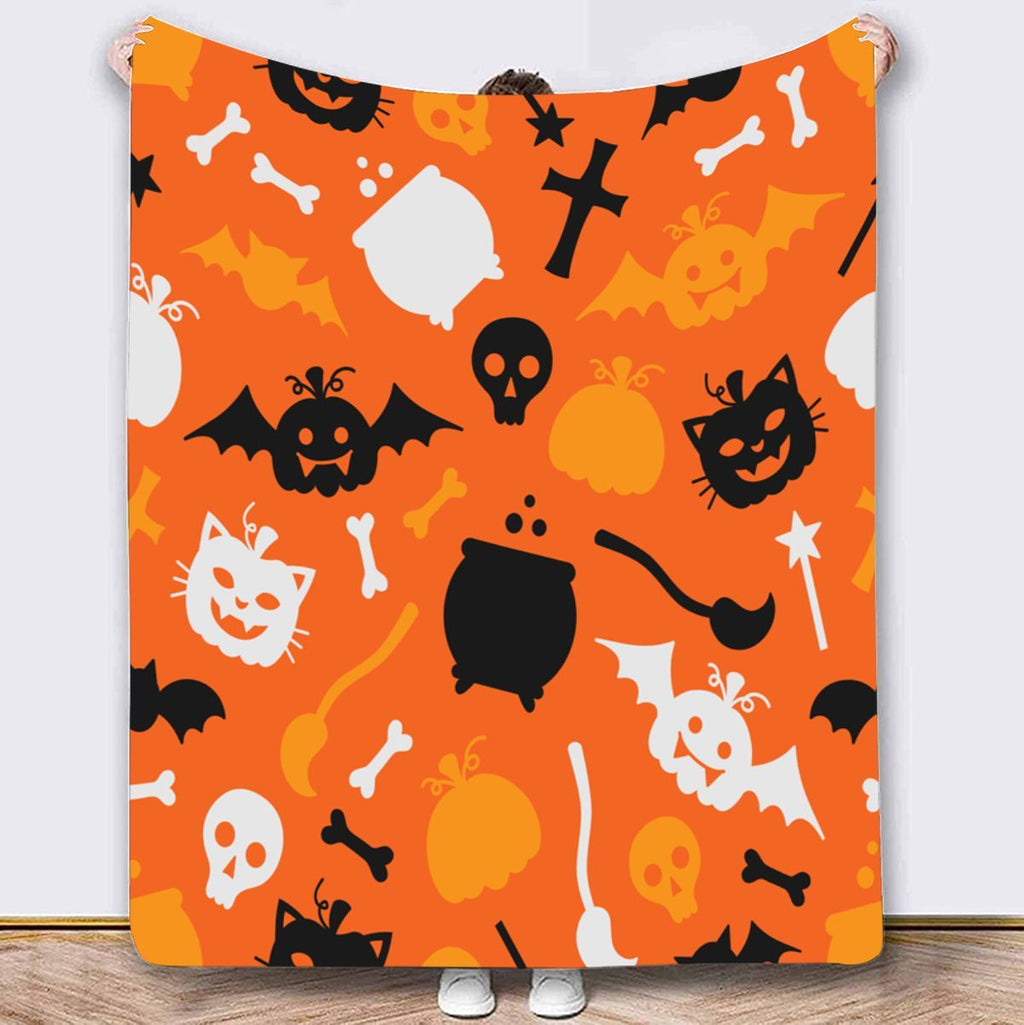 Halloween Throw Blanket Cozy Microfiber Blanket Soft Flannel Throw Festive Home Pumpkin Bat - Orange - Size 150cm*200cm-0