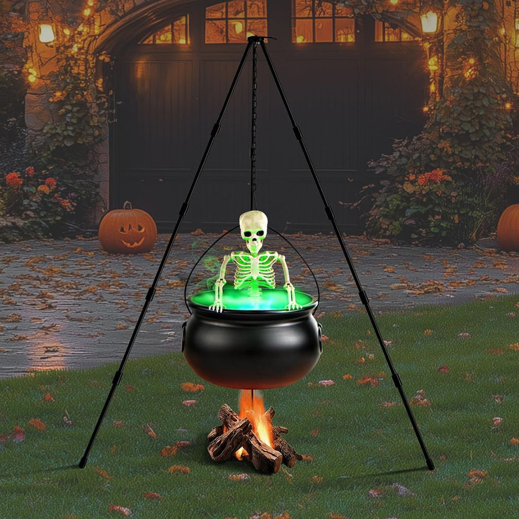 Halloween Outdoor Decorations Witch Cauldron Tripod Stand Fog Machine With - Black - Size 130cm-0