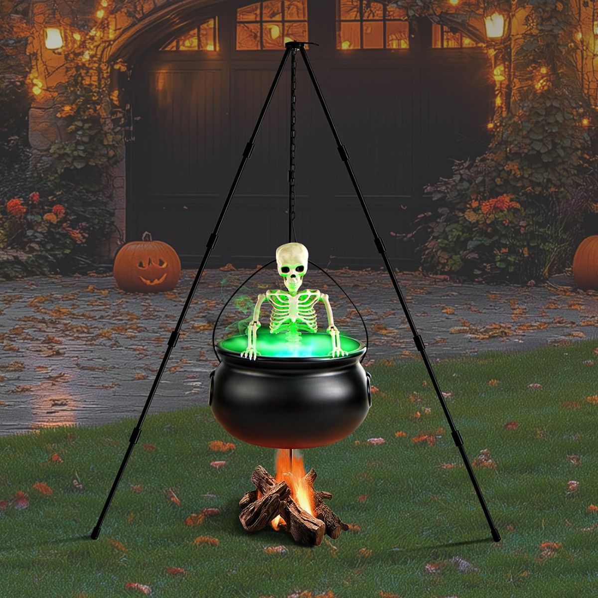 Halloween Outdoor Decorations Witch Cauldron Tripod Stand Fog Machine With - Black - Size 130cm-0