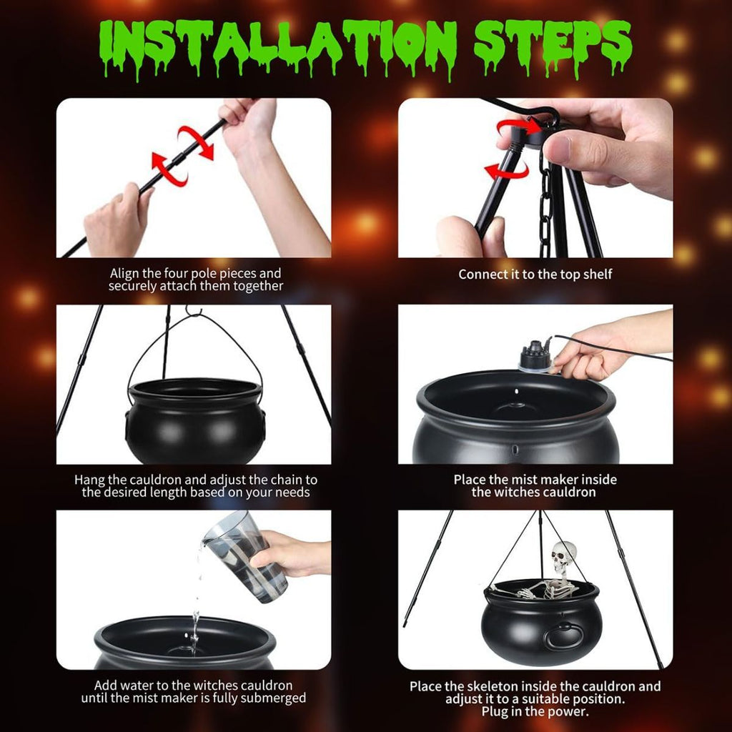 Halloween Outdoor Decorations Witch Cauldron Tripod Stand Fog Machine With - Black - Size 130cm-3