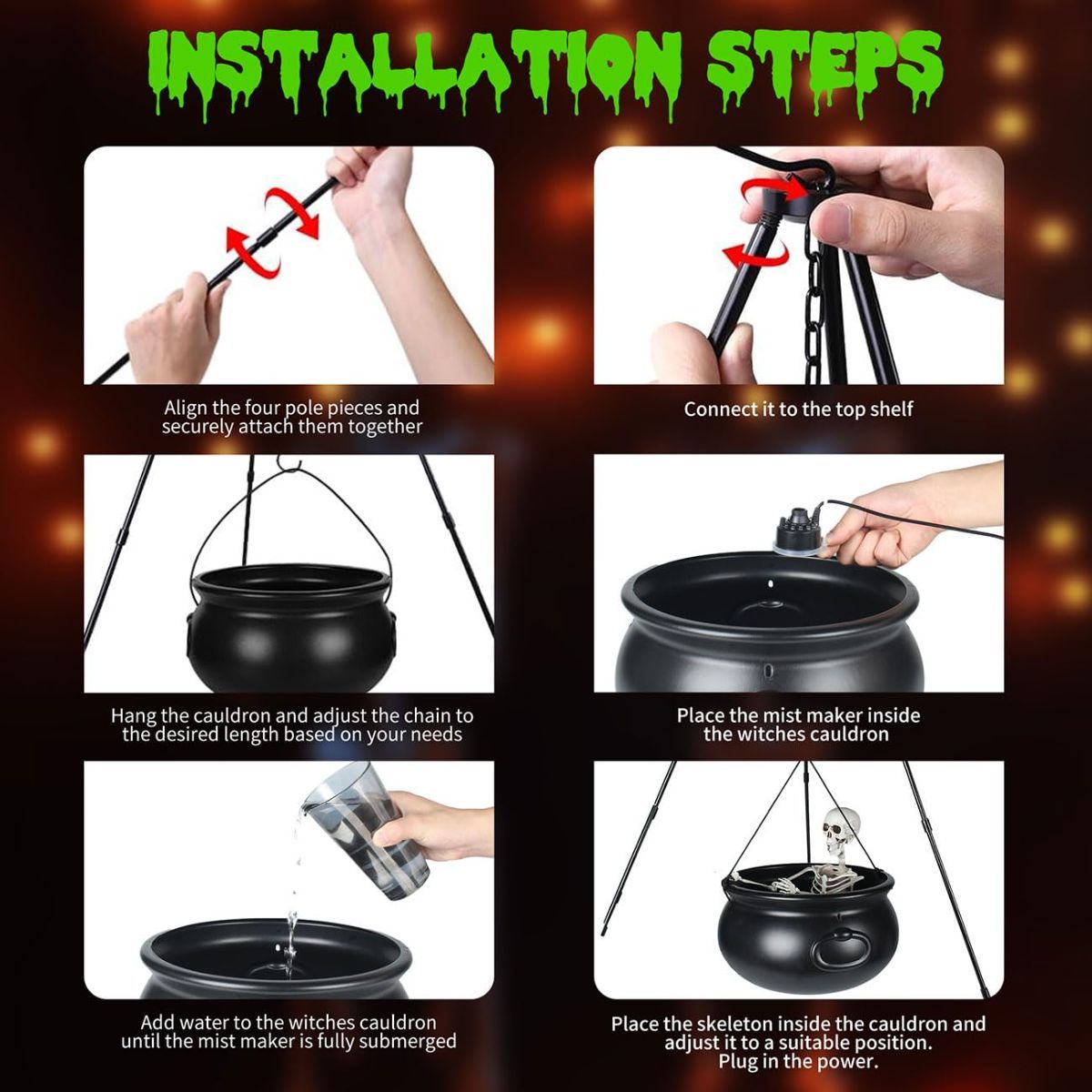 Halloween Outdoor Decorations Witch Cauldron Tripod Stand Fog Machine With - Black - Size 130cm-3