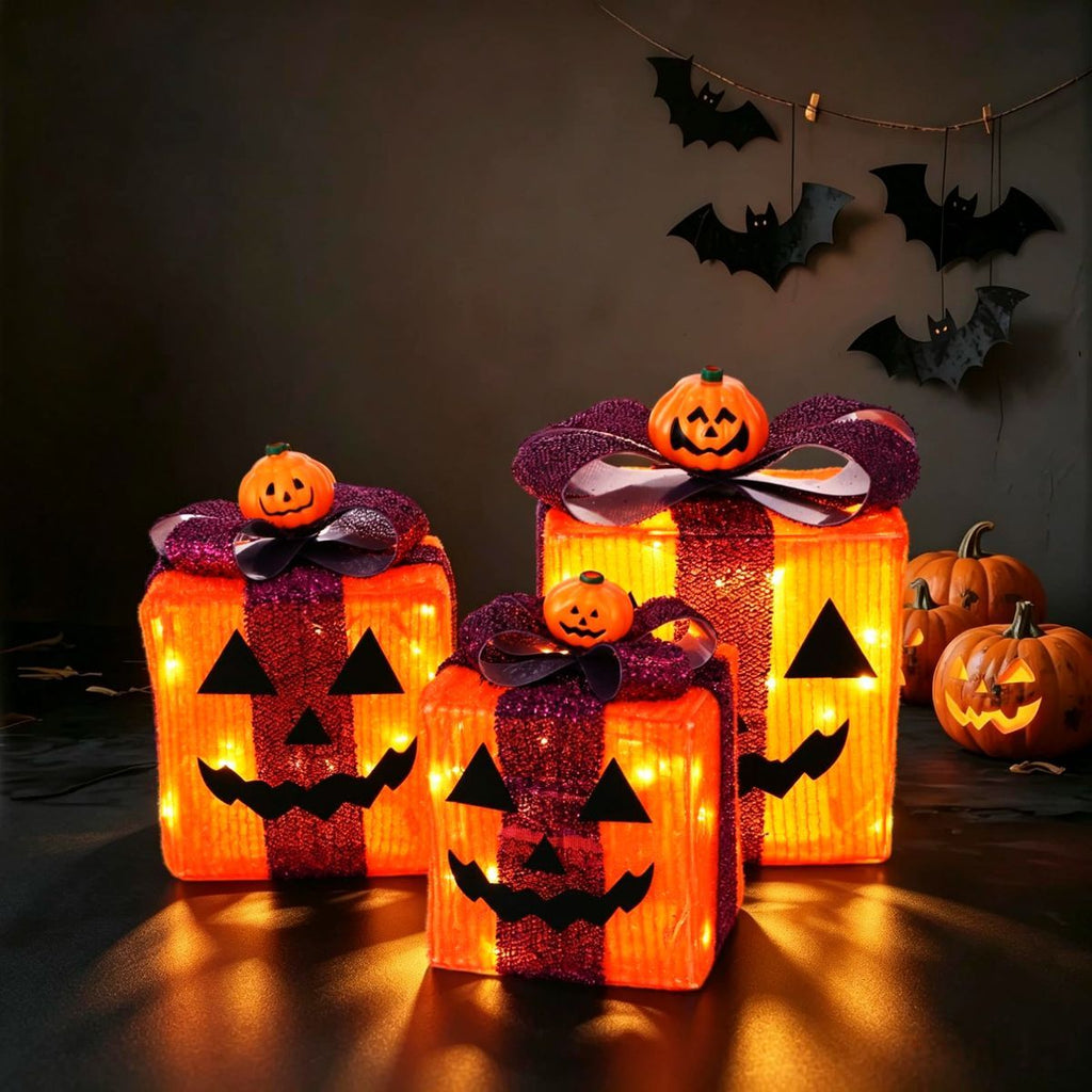 3 Pack Lighted Halloween Pumpkin Gift Boxes, 60 LED Battery Operated Jack O Lantern Decorations with Timer & 8 Modes-0