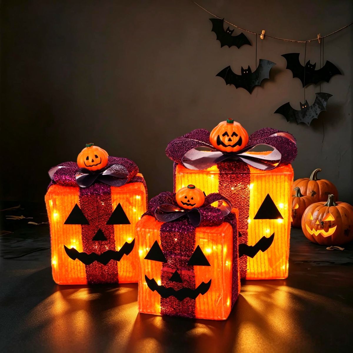 3 Pack Lighted Halloween Pumpkin Gift Boxes, 60 LED Battery Operated Jack O Lantern Decorations with Timer & 8 Modes-0
