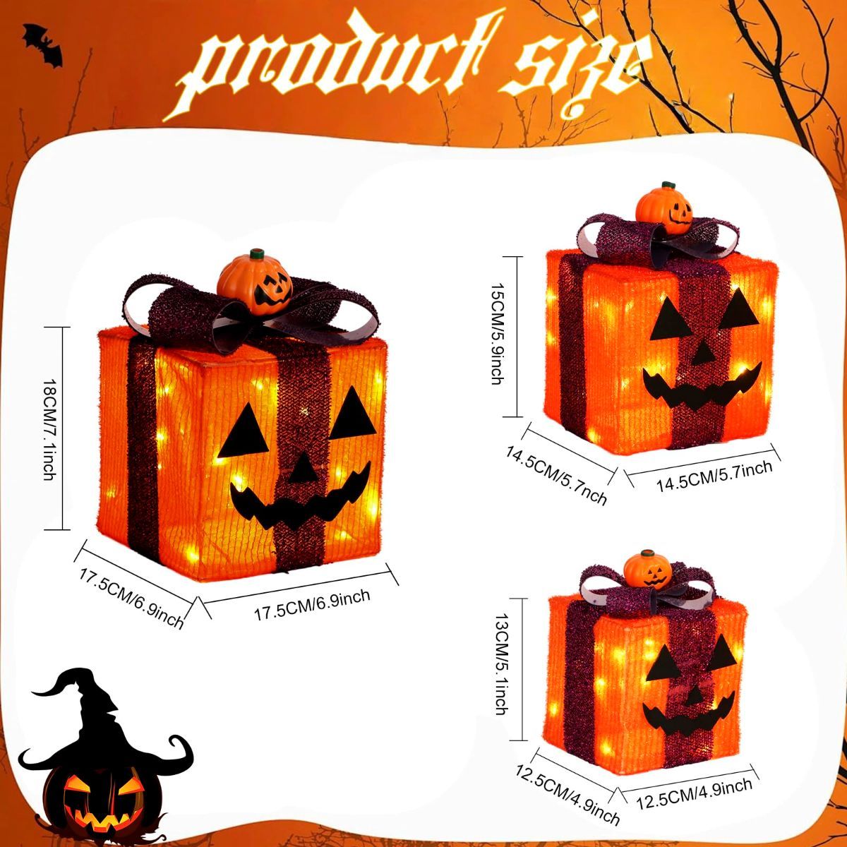 3 Pack Lighted Halloween Pumpkin Gift Boxes, 60 LED Battery Operated Jack O Lantern Decorations with Timer & 8 Modes-1