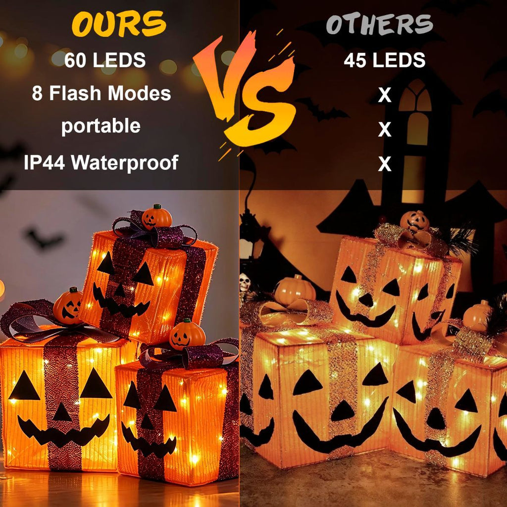 3 Pack Lighted Halloween Pumpkin Gift Boxes, 60 LED Battery Operated Jack O Lantern Decorations with Timer & 8 Modes-2
