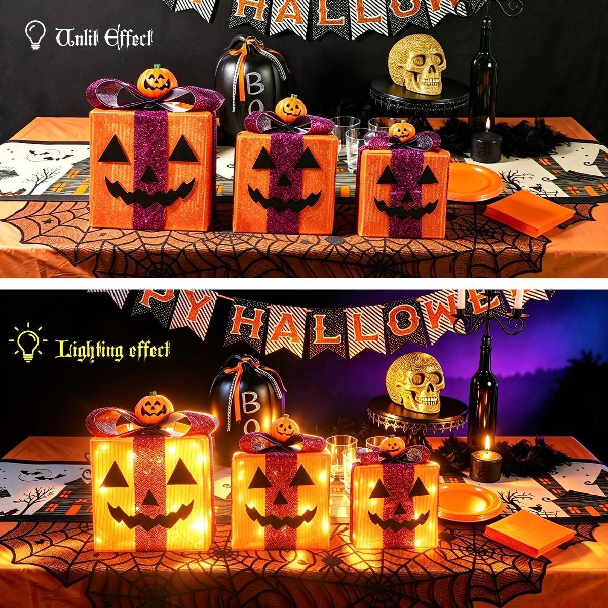 3 Pack Lighted Halloween Pumpkin Gift Boxes, 60 LED Battery Operated Jack O Lantern Decorations with Timer & 8 Modes-3