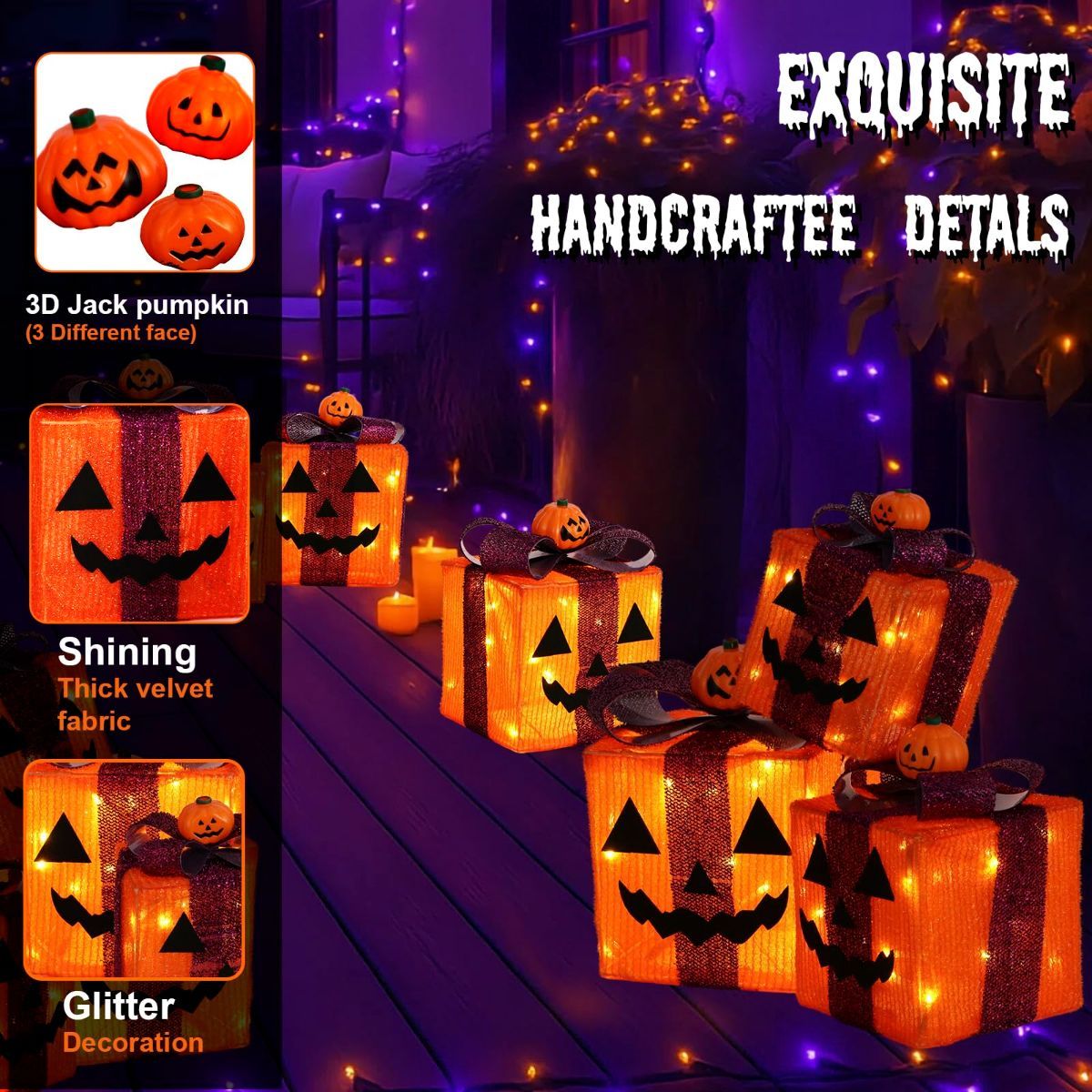 3 Pack Lighted Halloween Pumpkin Gift Boxes, 60 LED Battery Operated Jack O Lantern Decorations with Timer & 8 Modes-4