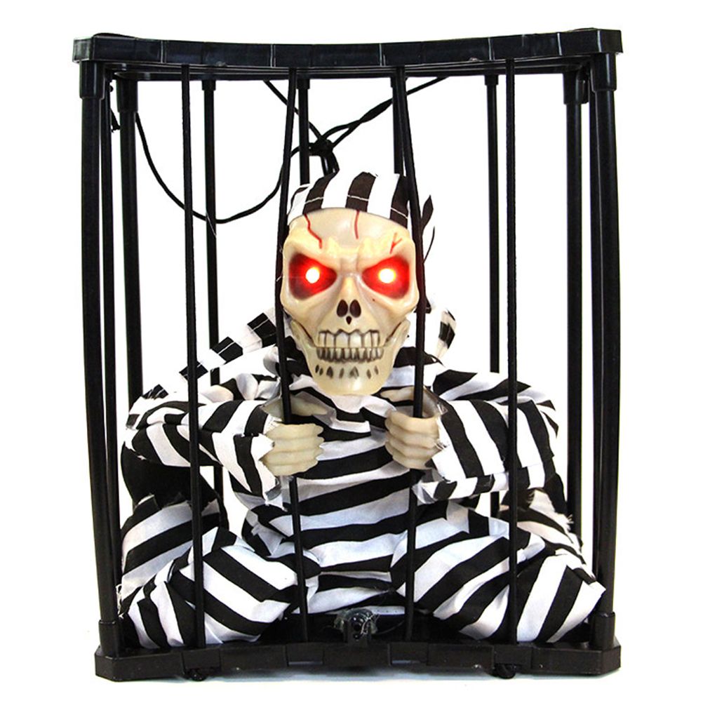 Halloween Scary Screaming Animated Skeleton Cage Prisoner with Light Up Eyes Haunted House Props Halloween Party Decorations-0