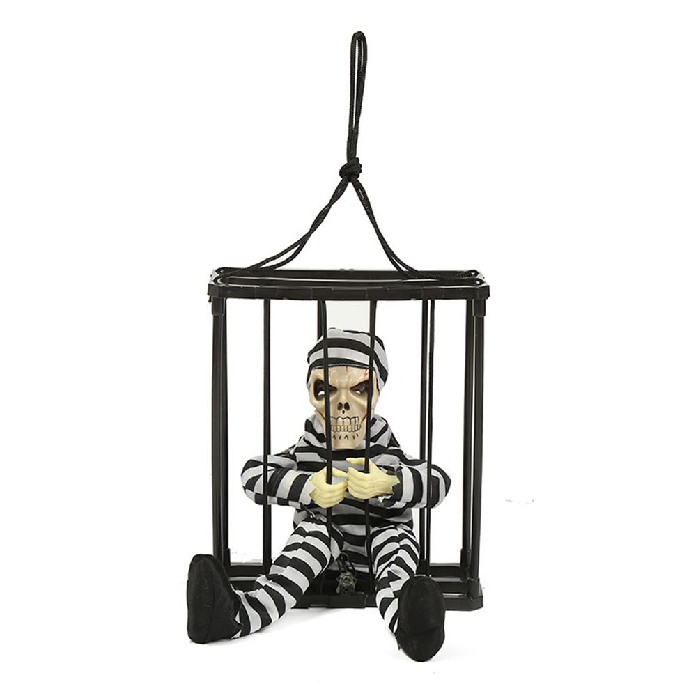 Halloween Scary Screaming Animated Skeleton Cage Prisoner with Light Up Eyes Haunted House Props Halloween Party Decorations-1
