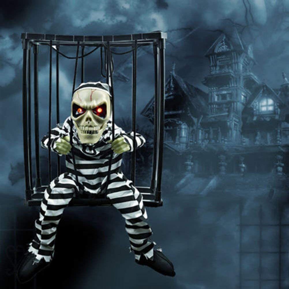 Halloween Scary Screaming Animated Skeleton Cage Prisoner with Light Up Eyes Haunted House Props Halloween Party Decorations-2