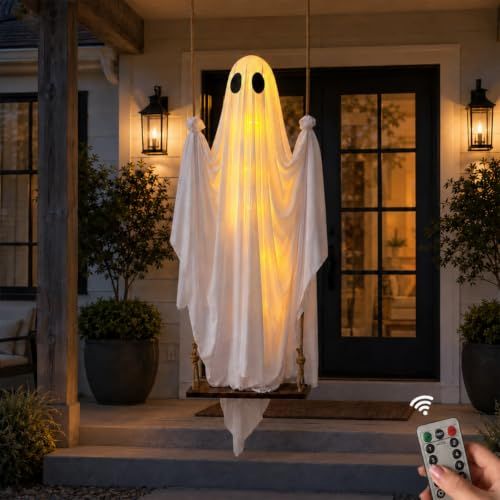 Swinging Ghost Halloween Porch Decoration, Spooky Hanging Decor for Outdoor Holiday Displays (white)-0