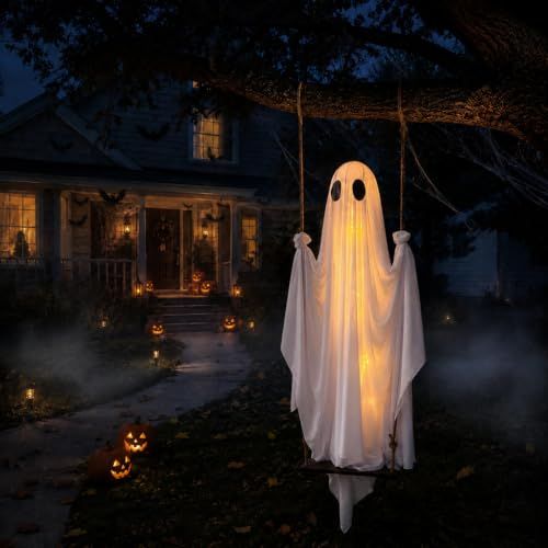 Swinging Ghost Halloween Porch Decoration, Spooky Hanging Decor for Outdoor Holiday Displays (white)-2