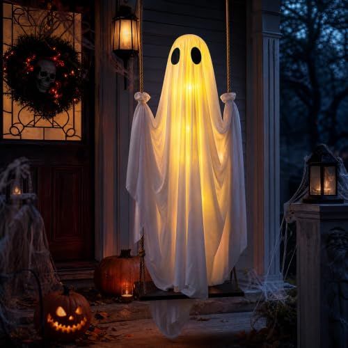 Swinging Ghost Halloween Porch Decoration, Spooky Hanging Decor for Outdoor Holiday Displays (white)-3