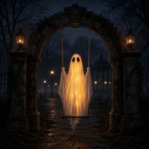 Swinging Ghost Halloween Porch Decoration, Spooky Hanging Decor for Outdoor Holiday Displays (white)-4