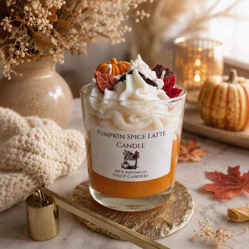 Bougie Pumpkin Spice Latte – vue rapprochée avec ambiance automnale